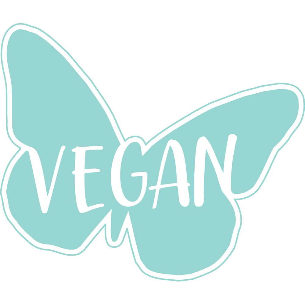 Una farfalla turchese con la scritta VEGAN in bianco.