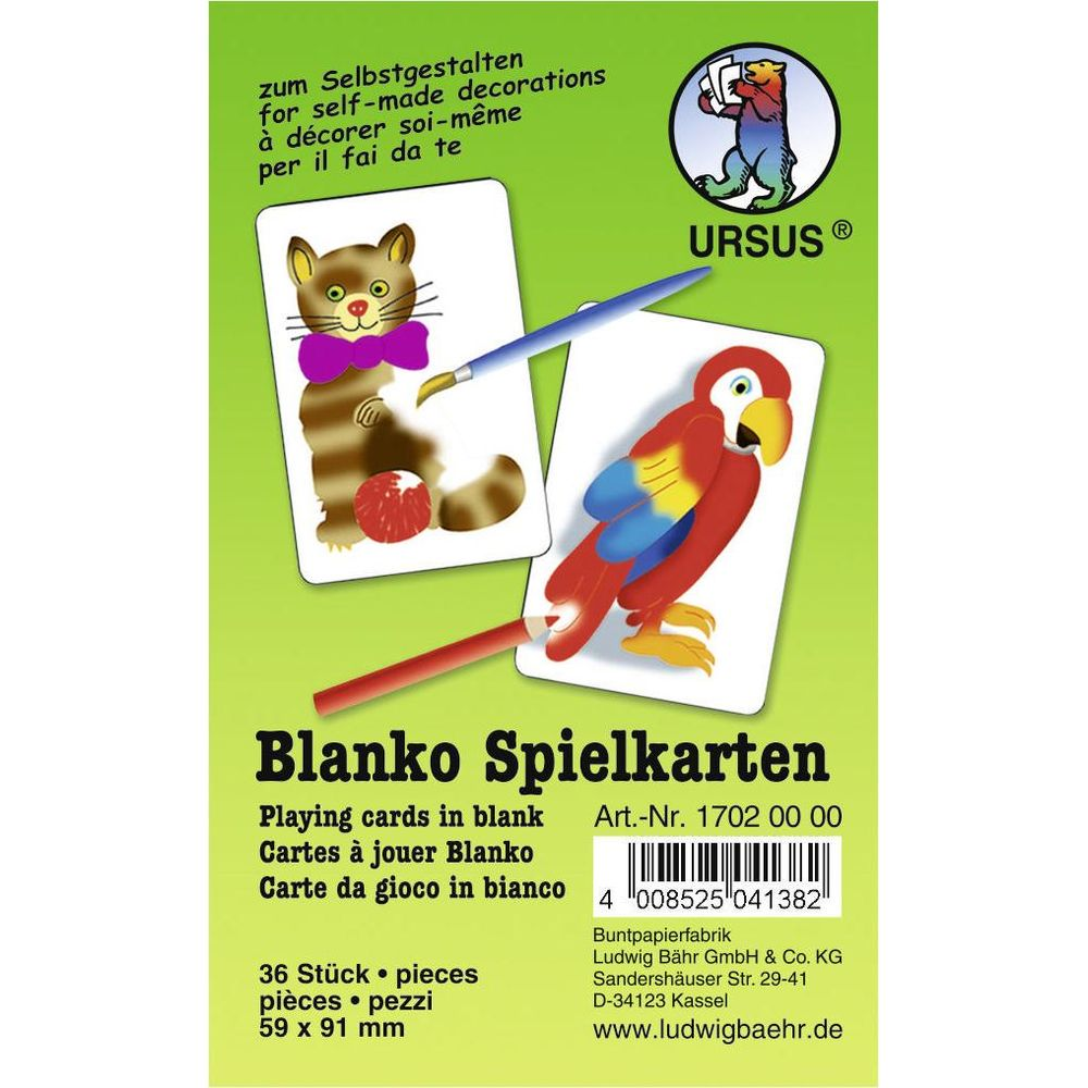 Confezione per carte da gioco bianche con gatto e pappagallo.