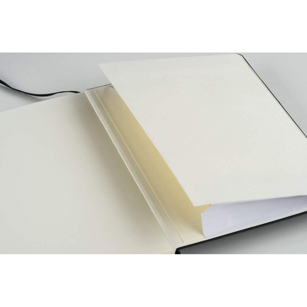 Un taccuino aperto con pagine color crema e copertina nera.