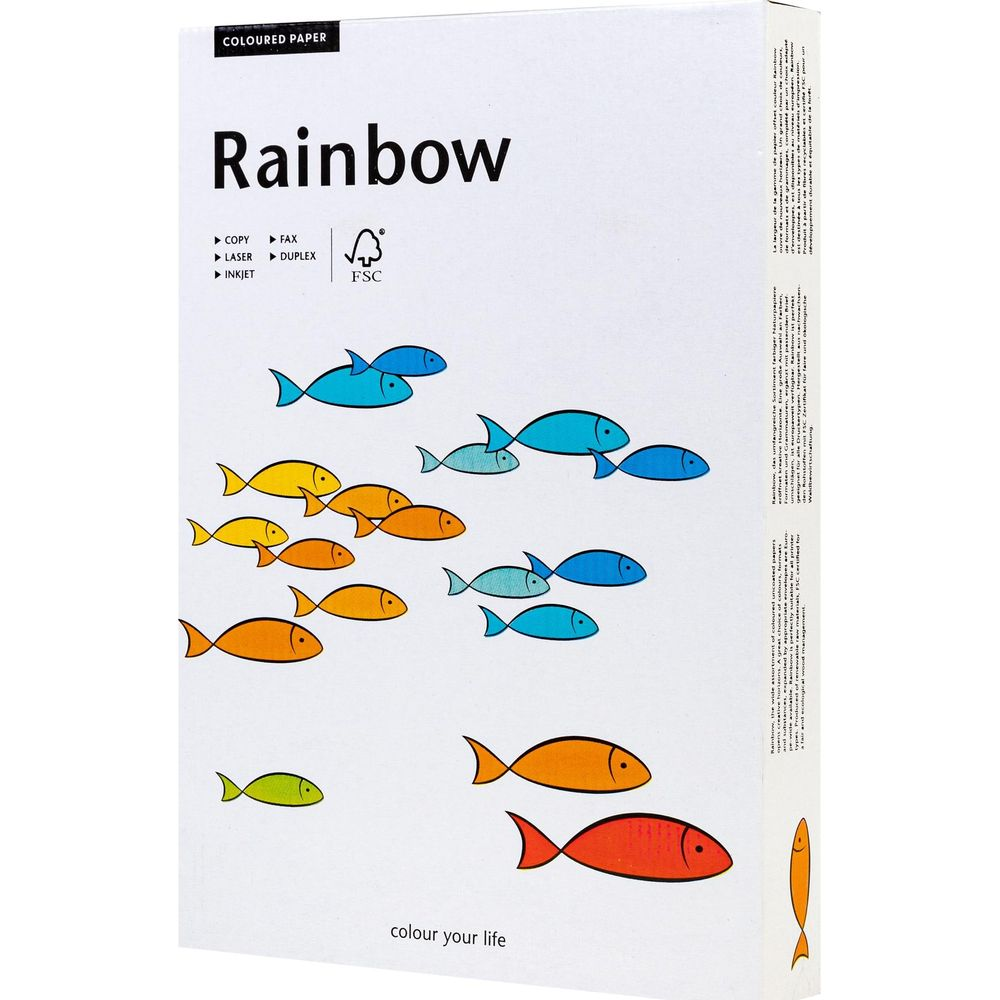 Paquet de papier couleur avec illustration de poissons et texte 'Rainbow'.