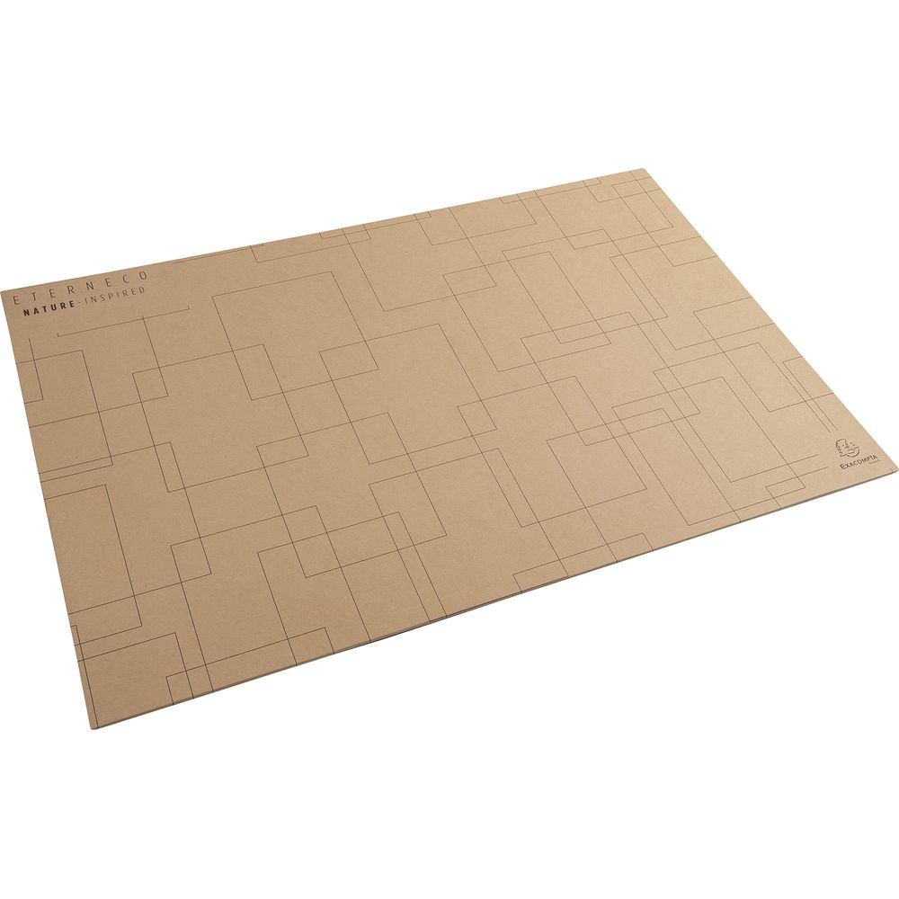 Braune Unterlage mit geometrischem Muster und Logo.
