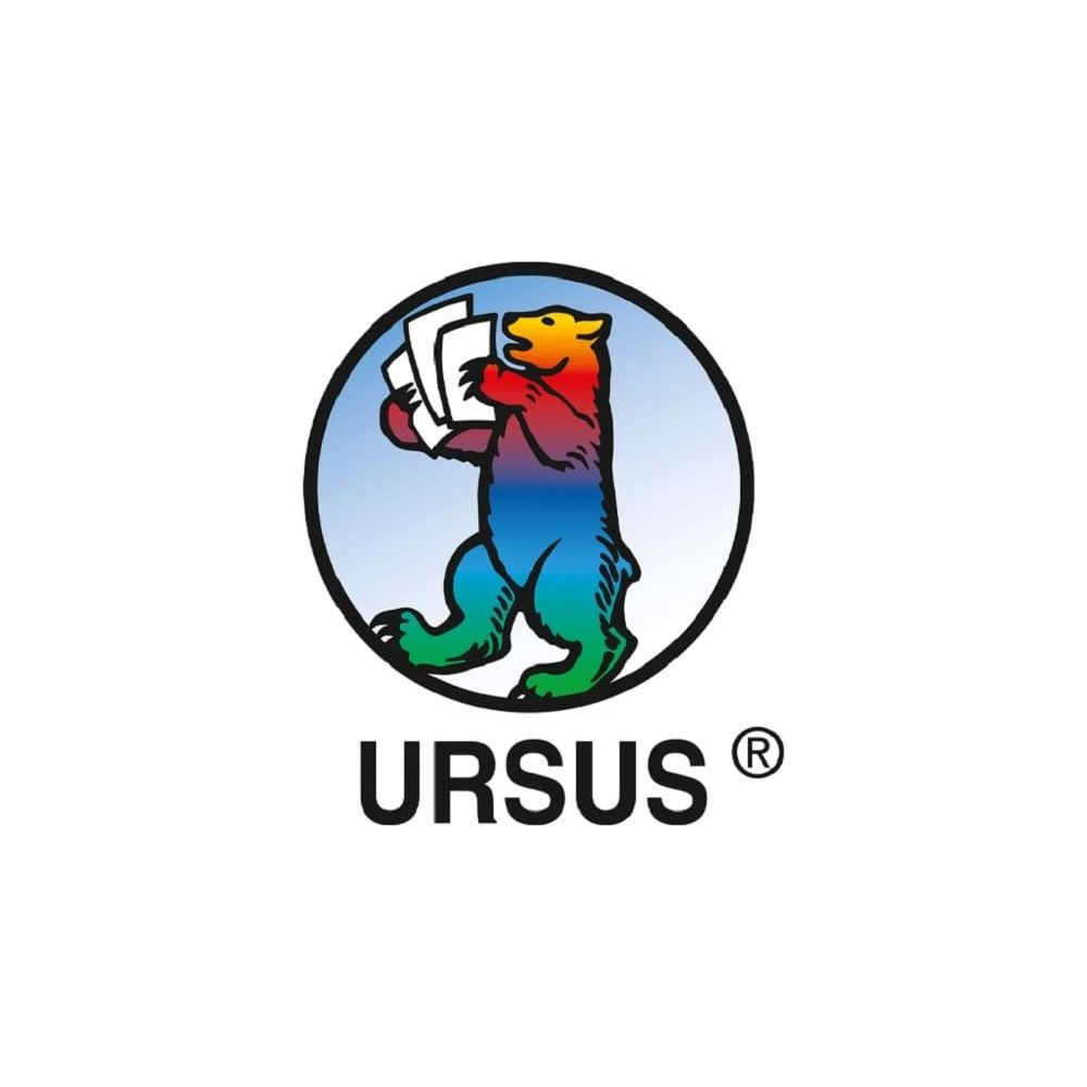 Un orso colorato in un cerchio tiene della carta. Sotto c'è scritto URSUS.