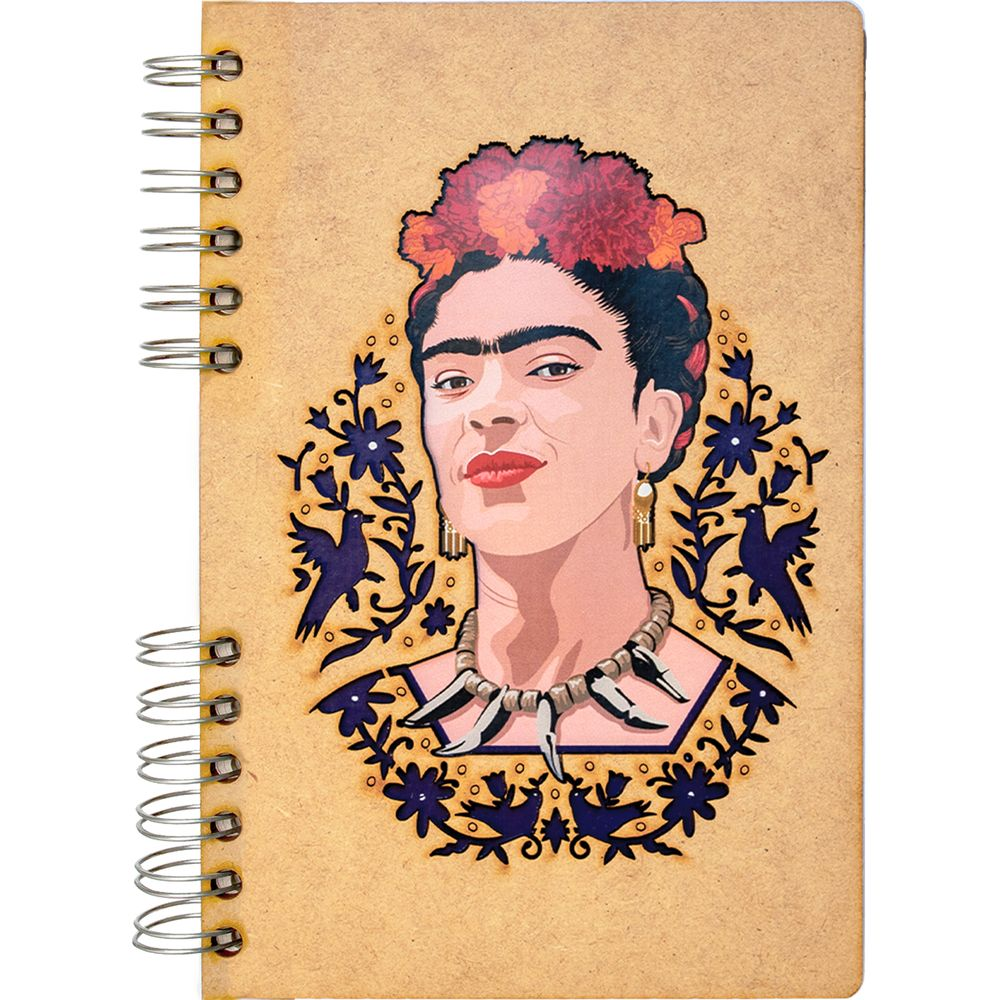 Frida-Kahlo-Porträt auf einem Notizbuch mit Spiralbindung, mit Blumen und Vögeln.