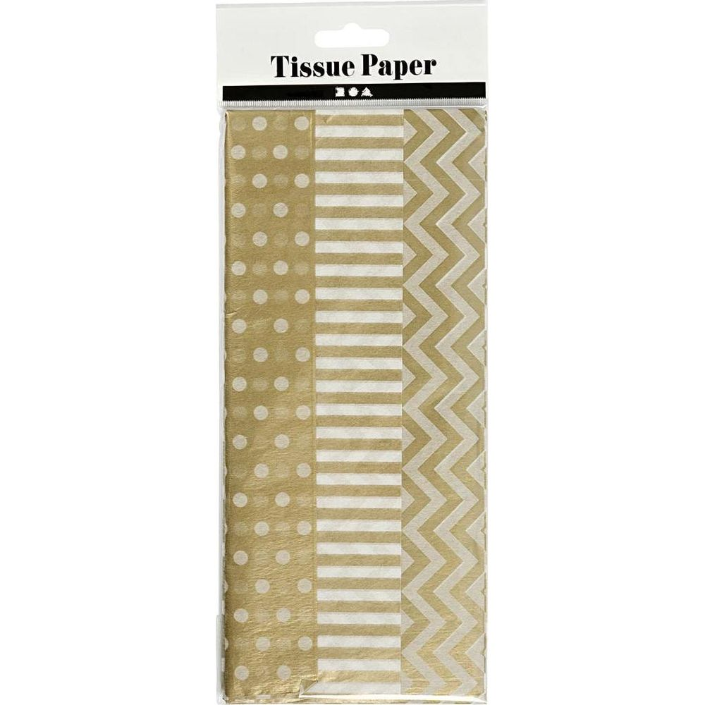 Emballage avec trois feuilles de papier de soie doré à motifs : pois, rayures et zigzags.