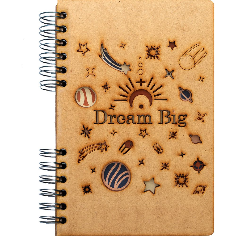 Holz-Notizbuch mit Spiralbindung, verziert mit Weltraum-Motiven und dem Schriftzug "Dream Big".