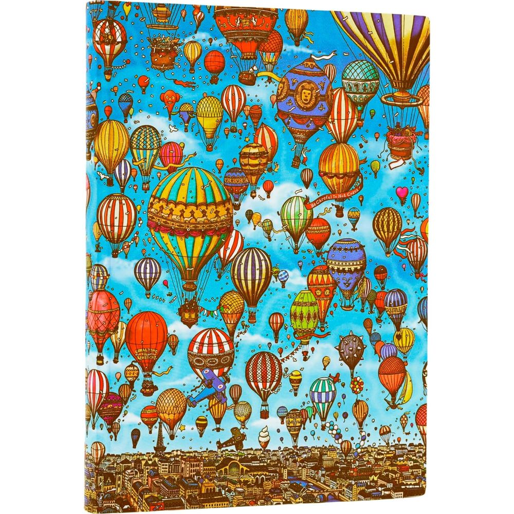 Bunter Himmel voller Heißluftballons über einer Stadt.