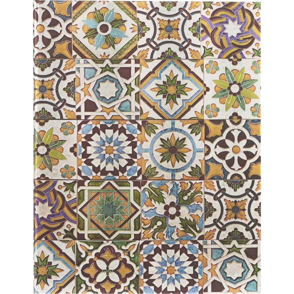 Piastrelle colorate con motivi geometrici e floreali in marrone, blu, giallo e verde.