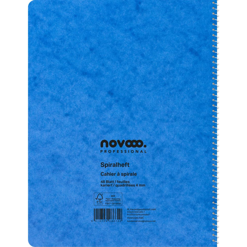Carnet spiralé bleu avec notes et logo FSC. Professionnel.