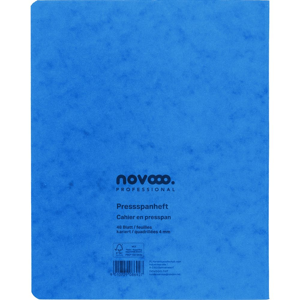 Eine blaue Buchhülle mit 'novooo. PROFESSIONAL' und Details zum Notizbuch.