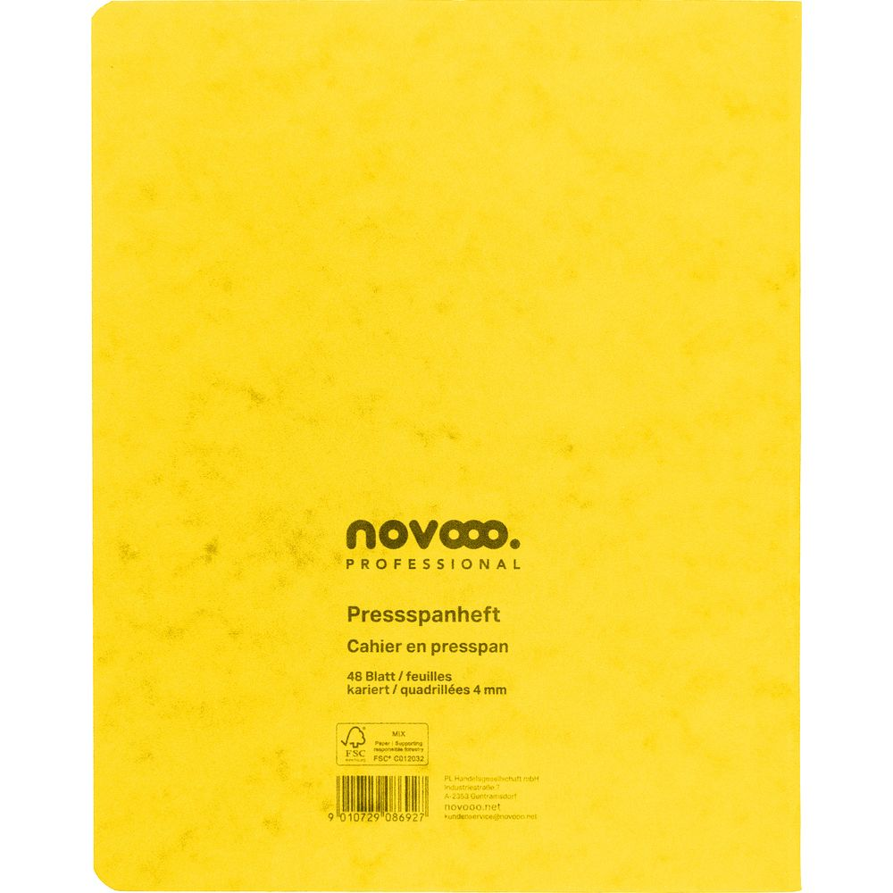 Gelbe Mappe mit Novo. Logo und Produktinformationen.
