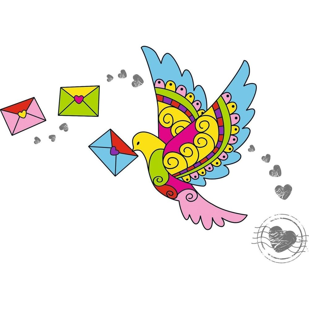 Eine bunte Taube mit einem Brief fliegt, von Herzen begleitet.