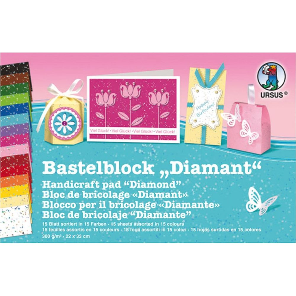 Blocco per lavoretti con fogli colorati, sacchetti regalo e farfalle.