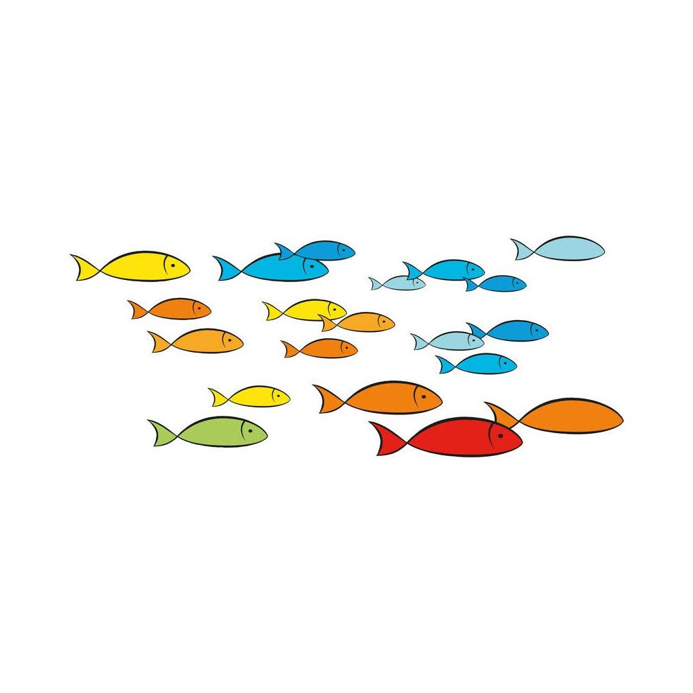 Un banc de poissons colorés, jaunes, oranges, bleus, verts et rouges, nagent ensemble.