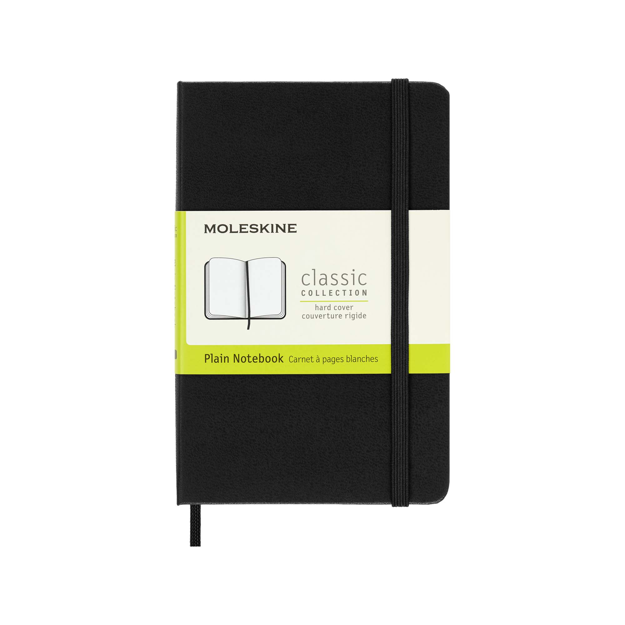Schwarzes Moleskine Notizbuch mit elastischem Band und Etikett.