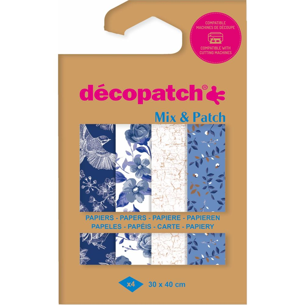 Confezione da quattro carte DécoPatch 30x40 cm con disegni floreali e di uccelli blu.