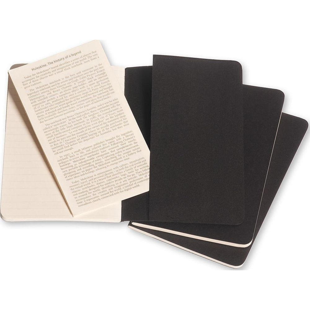 Ein offenes Moleskine-Notizbuch liegt auf zwei geschlossenen Notizbüchern.