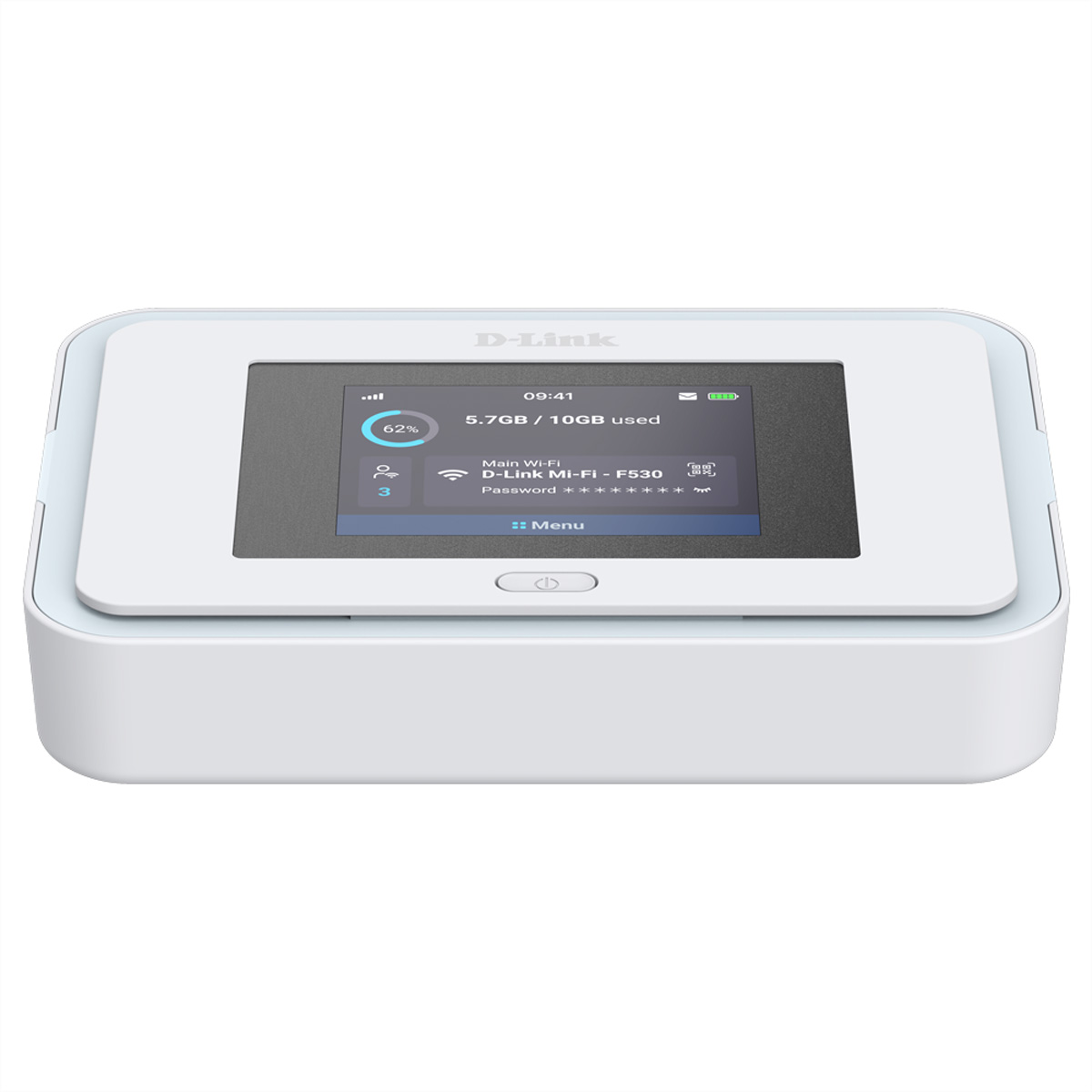 Ein weißer D-Link Mi-Fi F530 Router mit einem Bildschirm, der 62% Speicherplatz anzeigt.