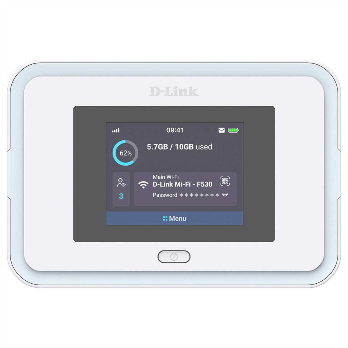 Weißes D-Link Mi-Fi F530 Gerät mit Touchscreen, zeigt 62% Datennutzung, 3 Geräte an.