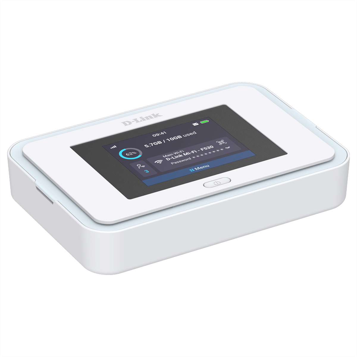 Ein weißer D-Link Mi-Fi-Router mit einem Bildschirm, der 62% Akkuladung anzeigt.