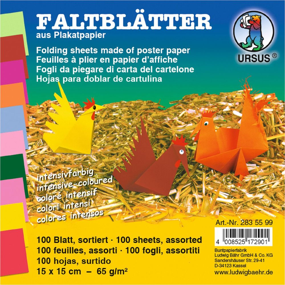 Bunte Papierbögen in Form von Hühnern und Hähnen, Produktinfo.