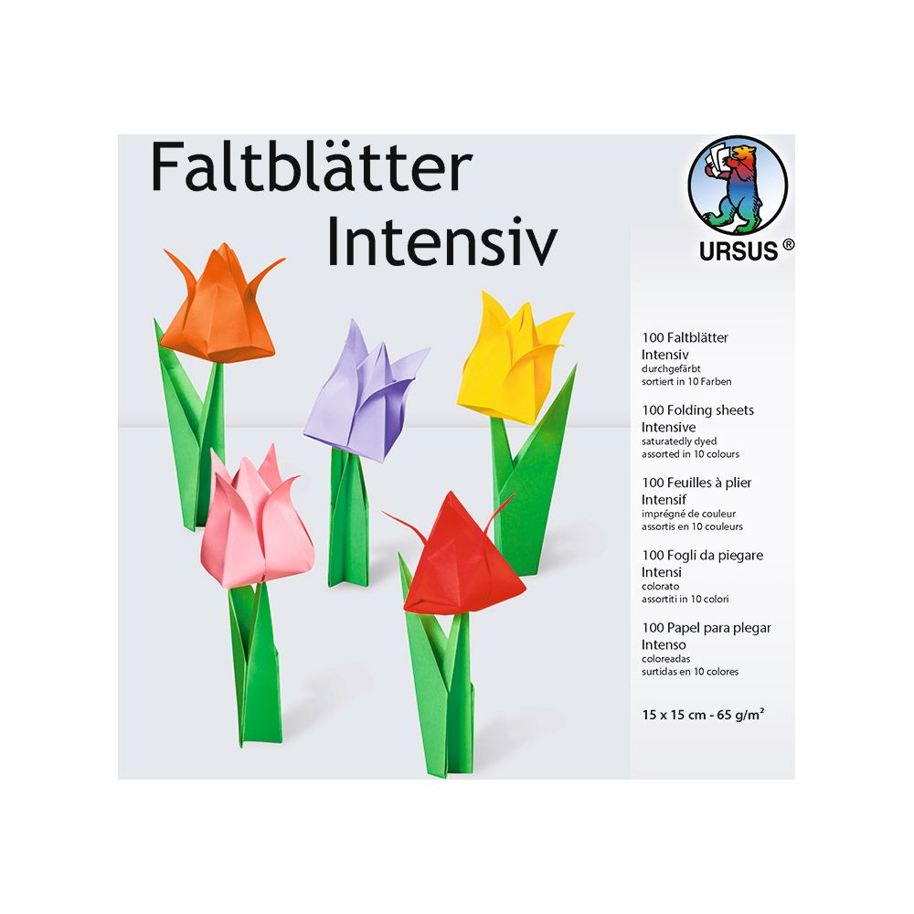 Origami-Tulpen in Orange, Lila, Gelb, Rosa und Rot stehen auf grünen Stielen.
