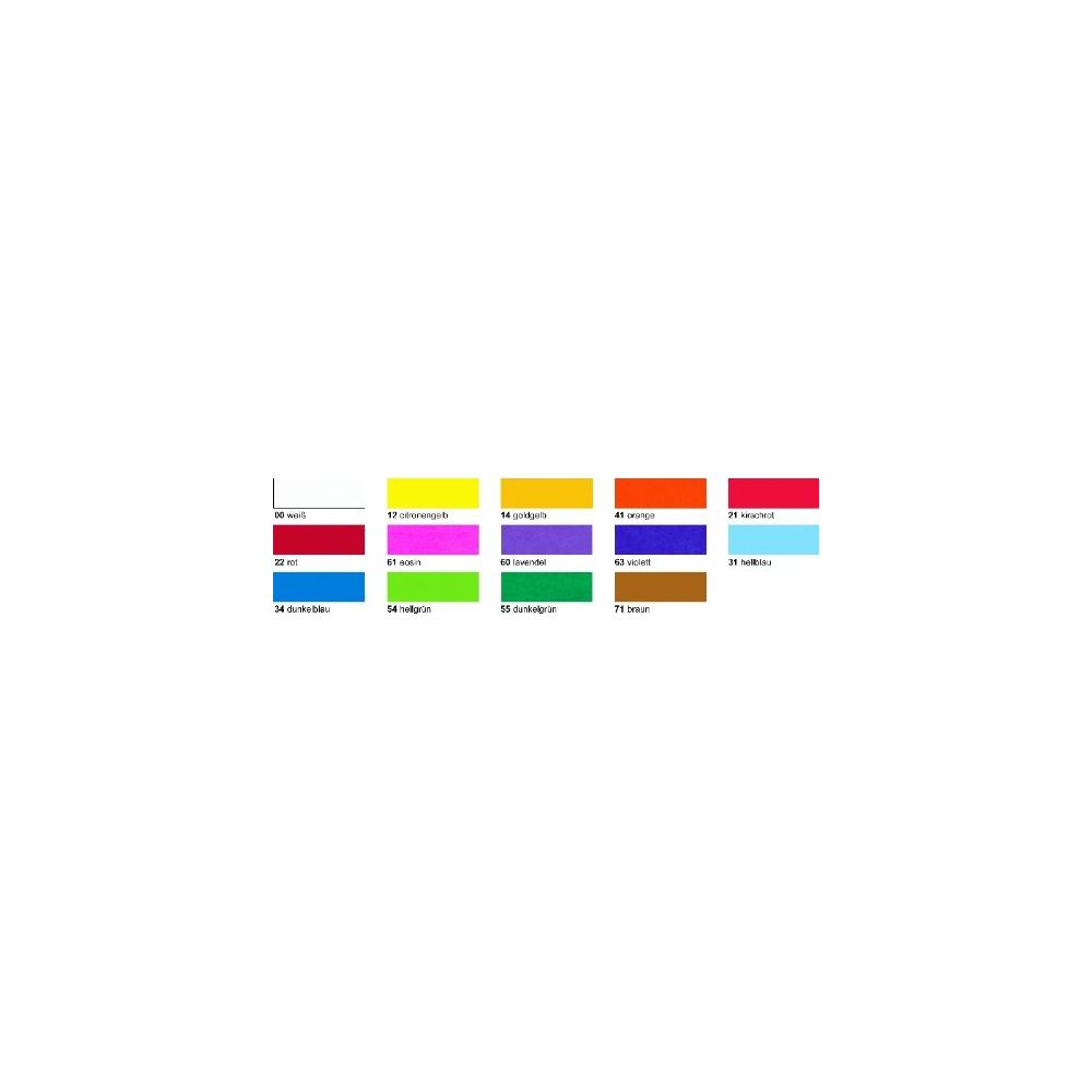 Farb palette mit deutscher Beschriftung: weiß, zitronengelb, goldgelb, orange, kirschrot, rot, eosin, lavendel, violett, hellblau, dunkelblau, hellgrün, dunkelgrün, braun.