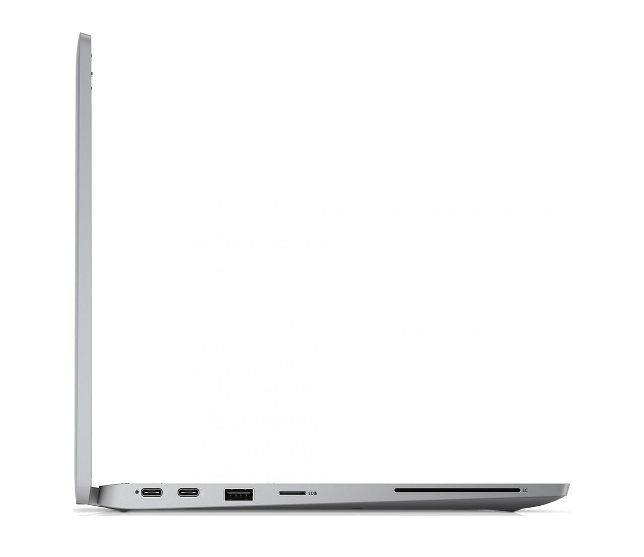 Seitenansicht eines silbernen Laptops mit Anschlüssen: 2x USB-C, 1x USB-A, SD-Kartenleser.