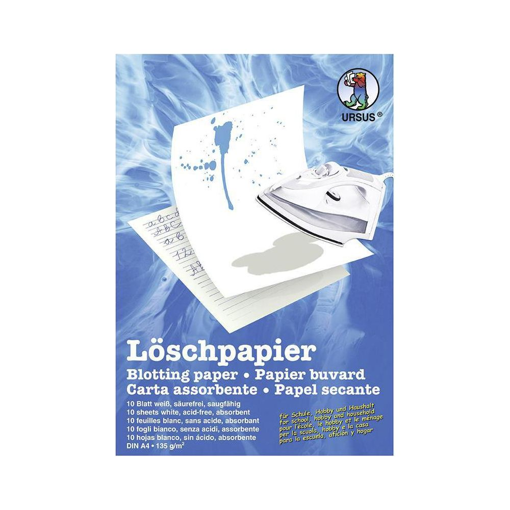 Ein Bügeleisen steht auf weißem Löschpapier mit blauen Farbspritzern.