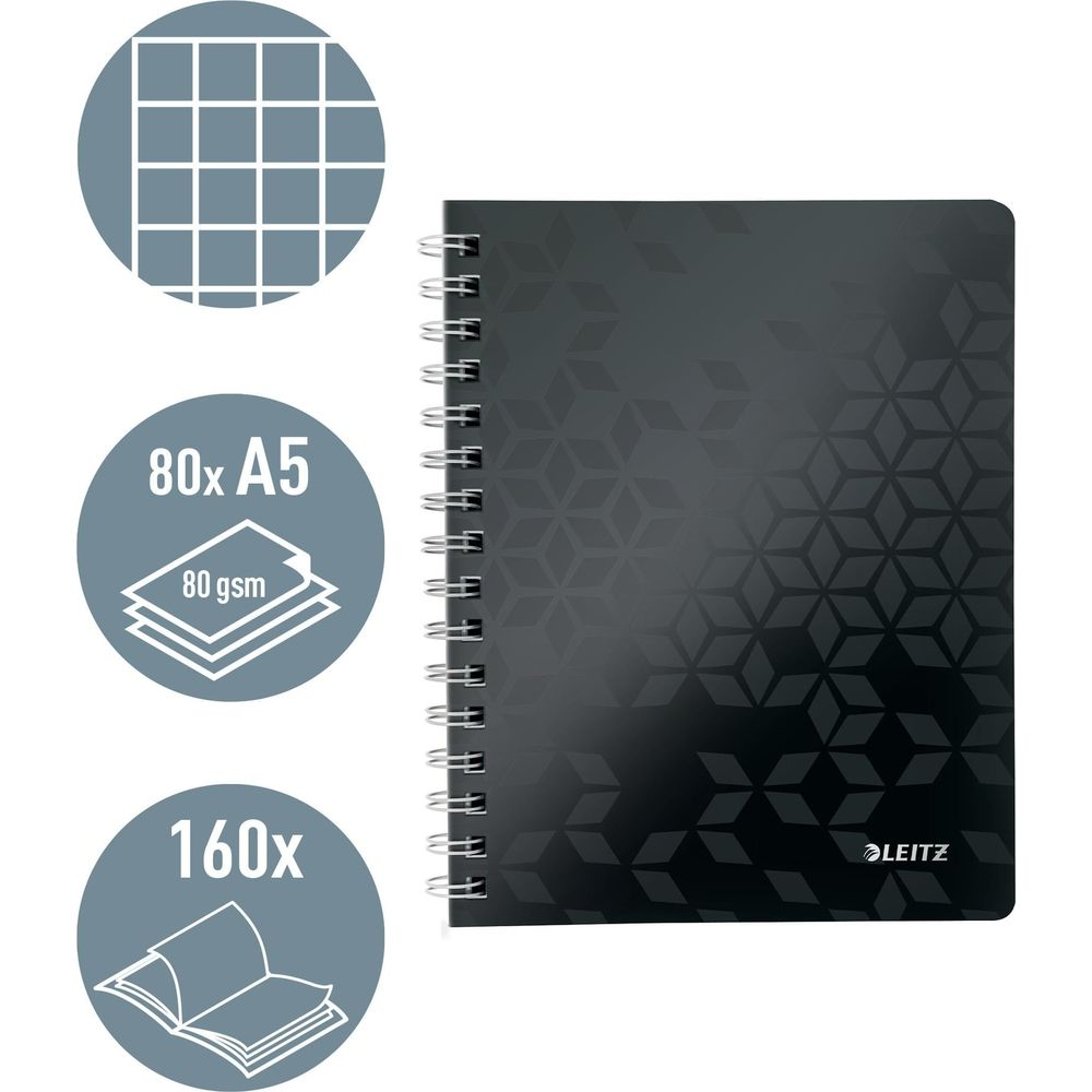 Schwarzes Notizbuch mit Spiralbindung, A5, 80 Blatt, 80 g/m², 160 Seiten.