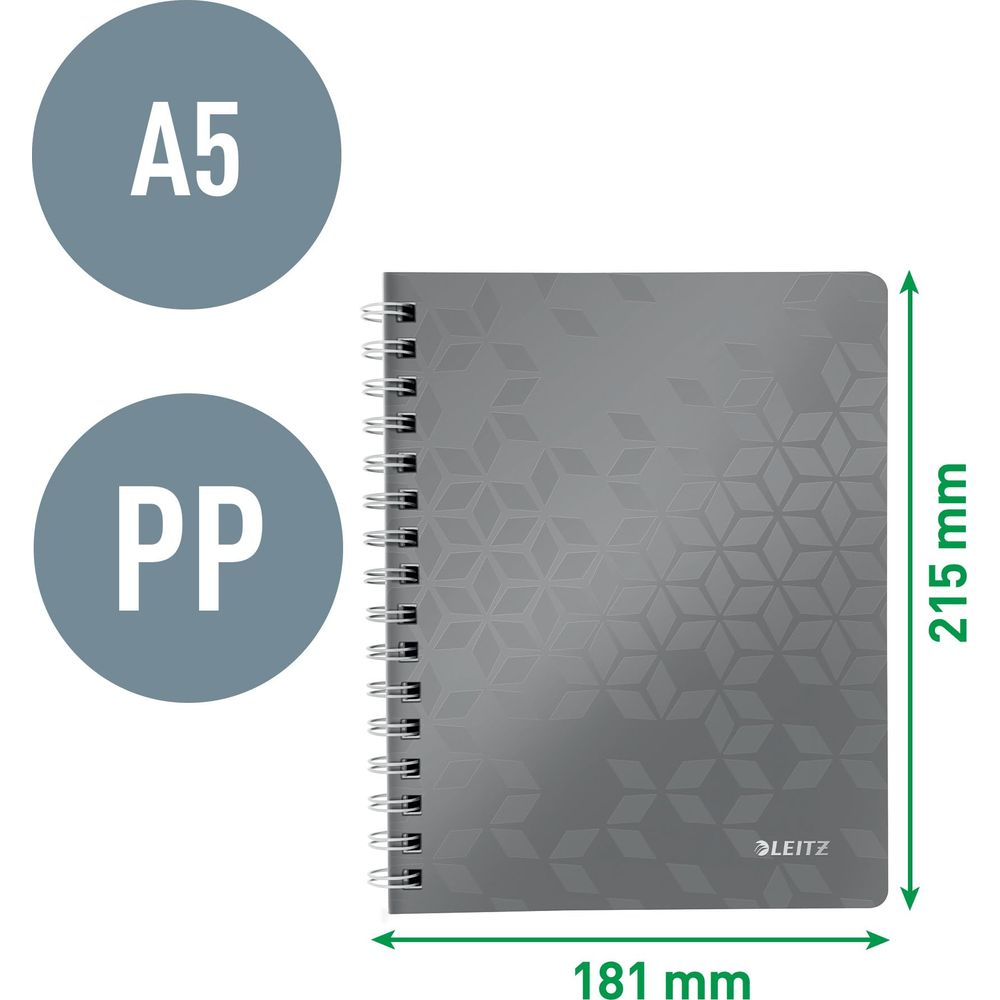 Grauer Notizblock A5, 181x215mm, mit geometrischem Muster.