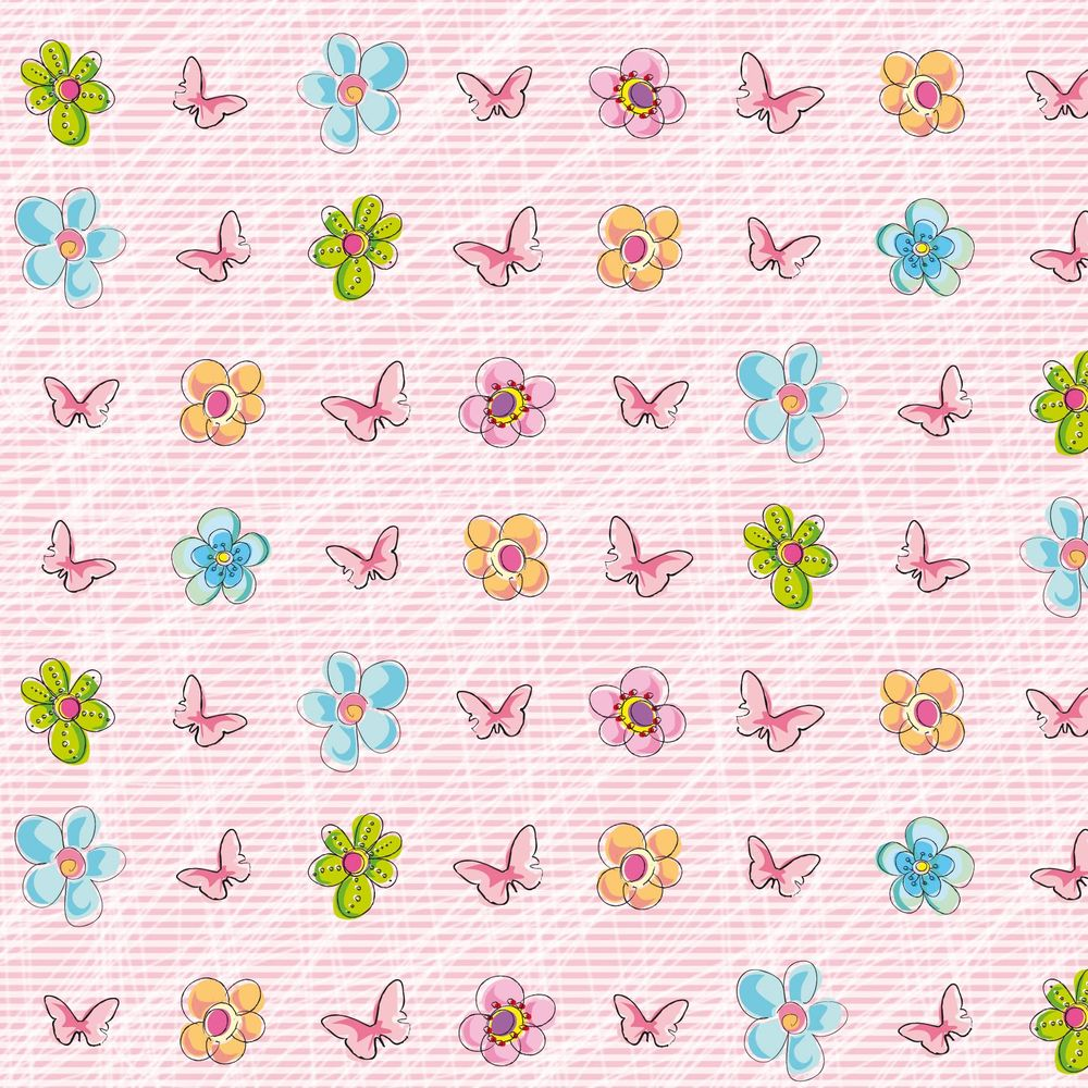 Muster aus bunten Cartoon-Blumen und Schmetterlingen auf rosafarbenem Streifengrund.