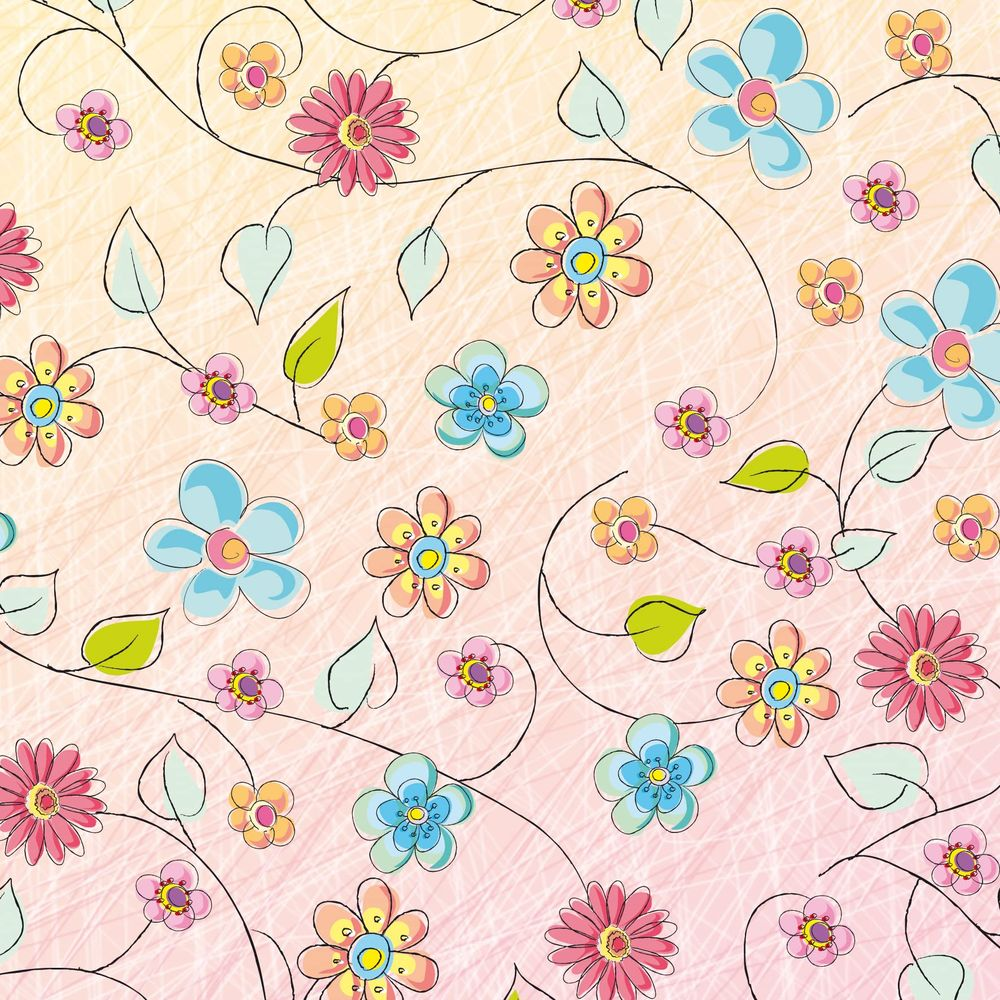 Ein pastellrosa und gelber Hintergrund mit einem Muster bunter Blumen.