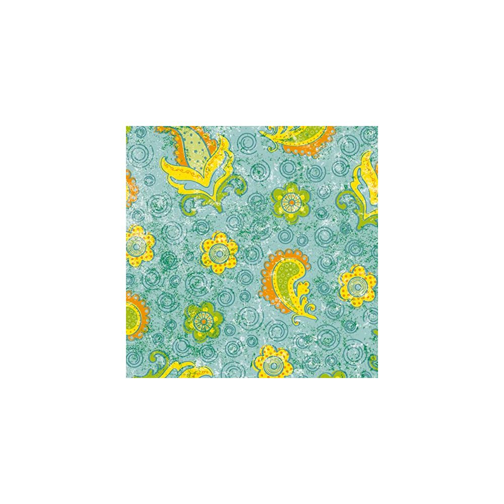 Türkiser Hintergrund mit einem Muster aus gelben und orangefarbenen Blumen und Paisley-Formen.