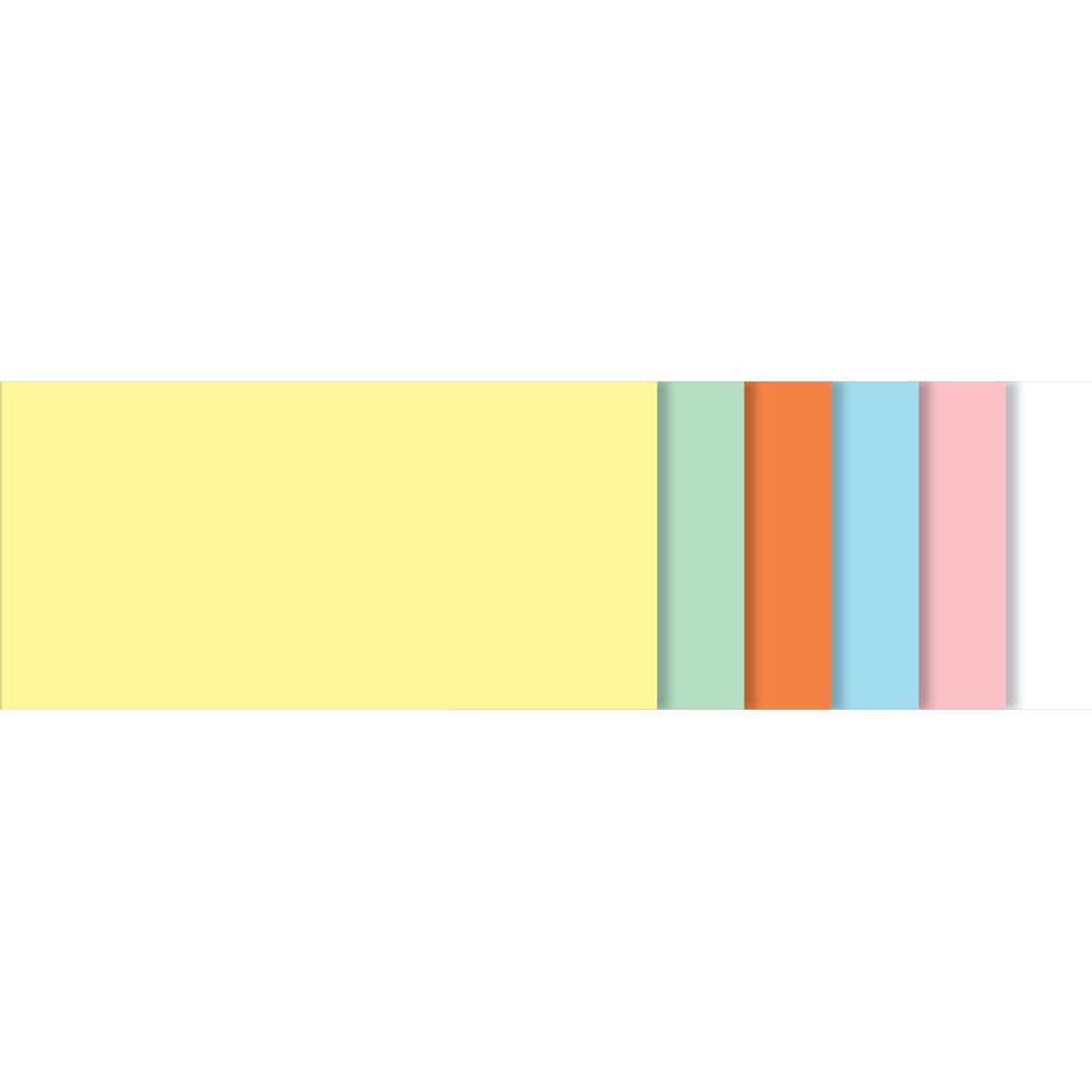 Un grand rectangle jaune est à côté de cinq bandes verticales colorées : vert, orange, bleu, rose.