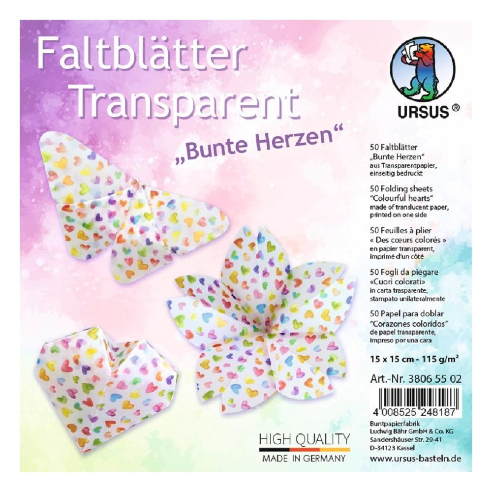 Transparente Faltblätter mit bunten Herzen, 15x15cm, 50 Stück.