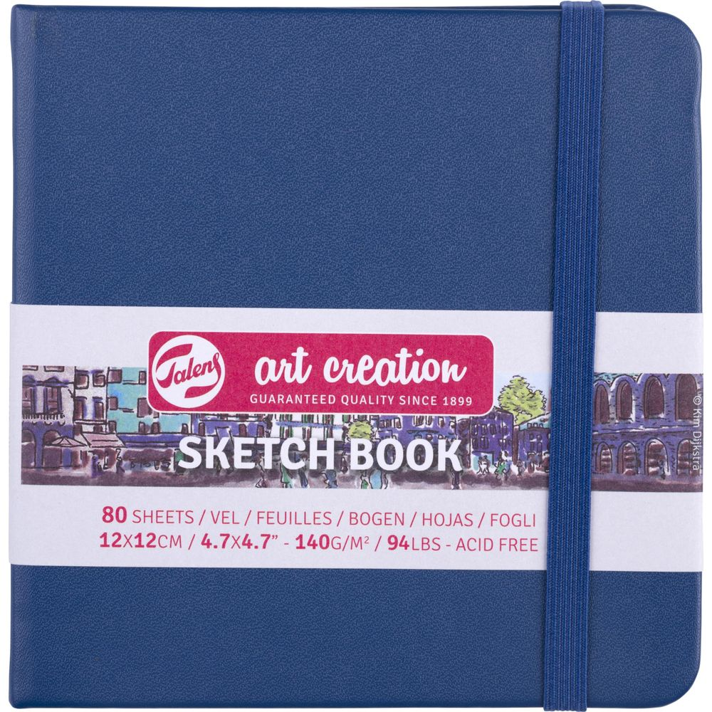 Un carnet de croquis bleu avec un élastique, logo Talens Art Creation.