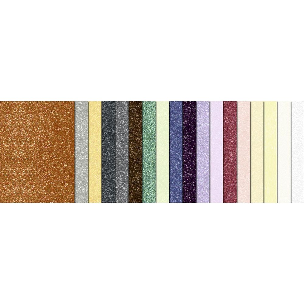 Eine Reihe von Glitzerpapierproben in verschiedenen Farben: Braun, Silber, Gelb, Grau, Grün, Blau, Lila, Rosa, Creme, Weiß.