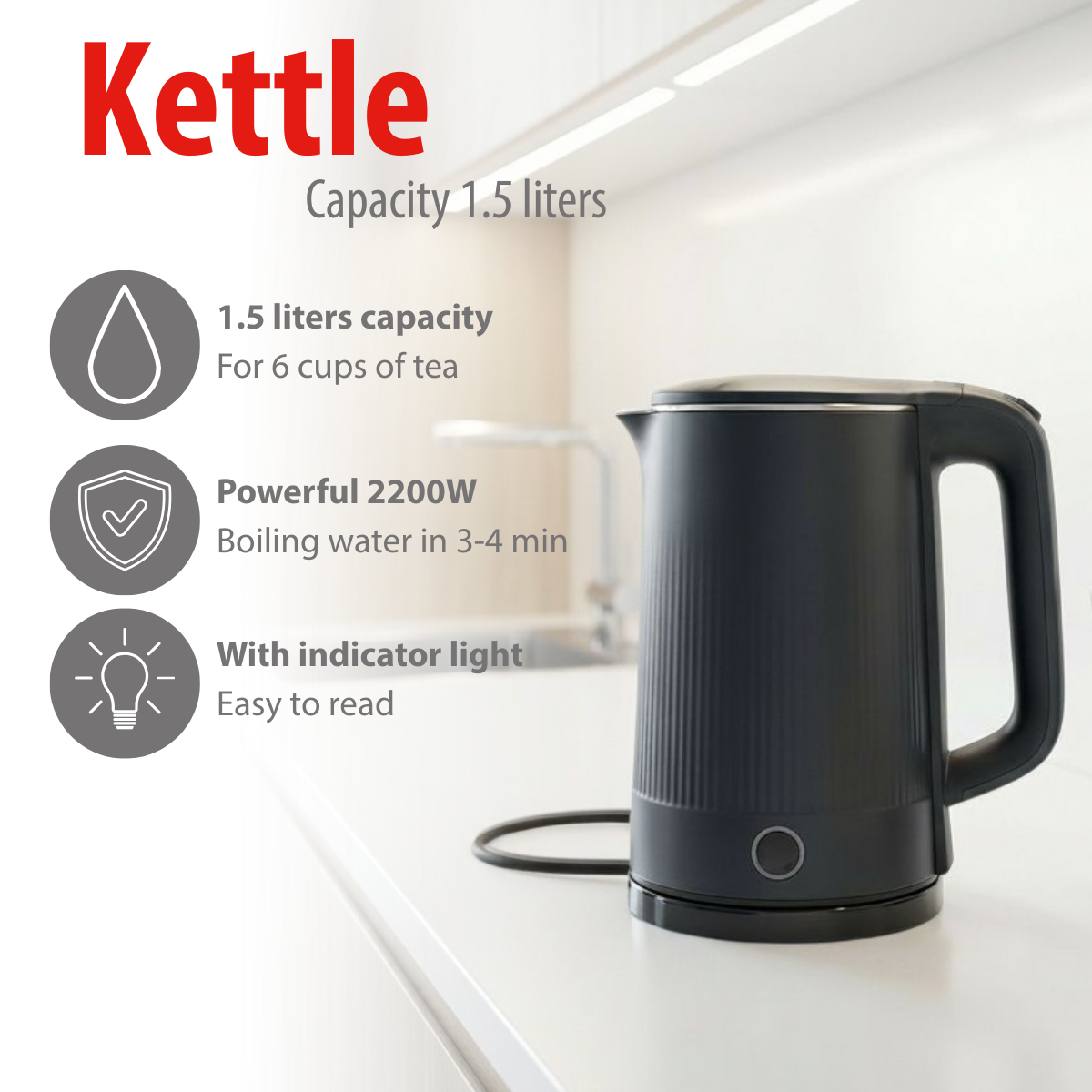 Bouilloire électrique noire 1,5 L, 2200 W, chauffe l'eau en 3-4 min.