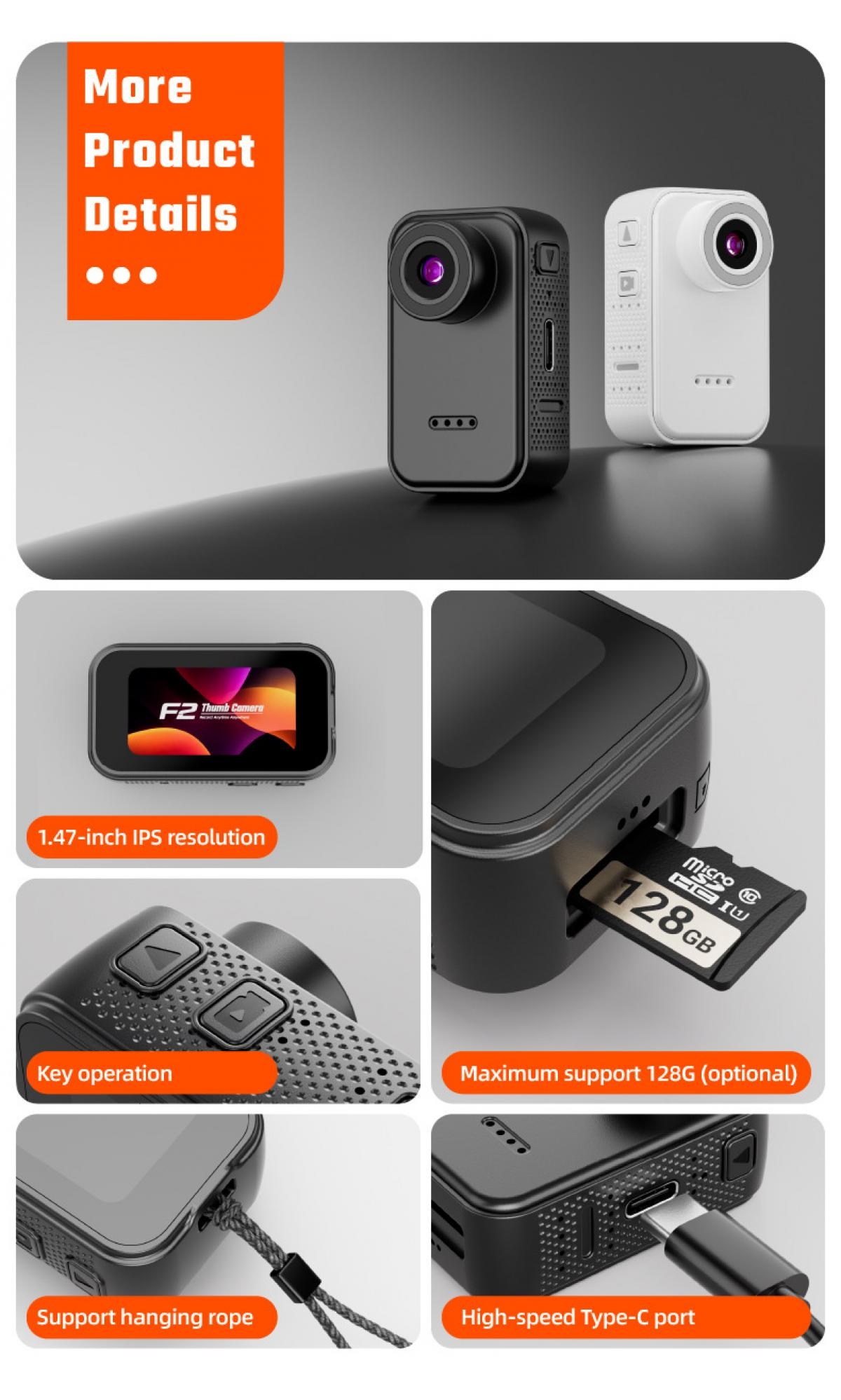 Nahaufnahme von zwei Kameras, eine schwarz, eine weiß, mit Details wie Bildschirm, SD-Karte, Tasten und USB-C.