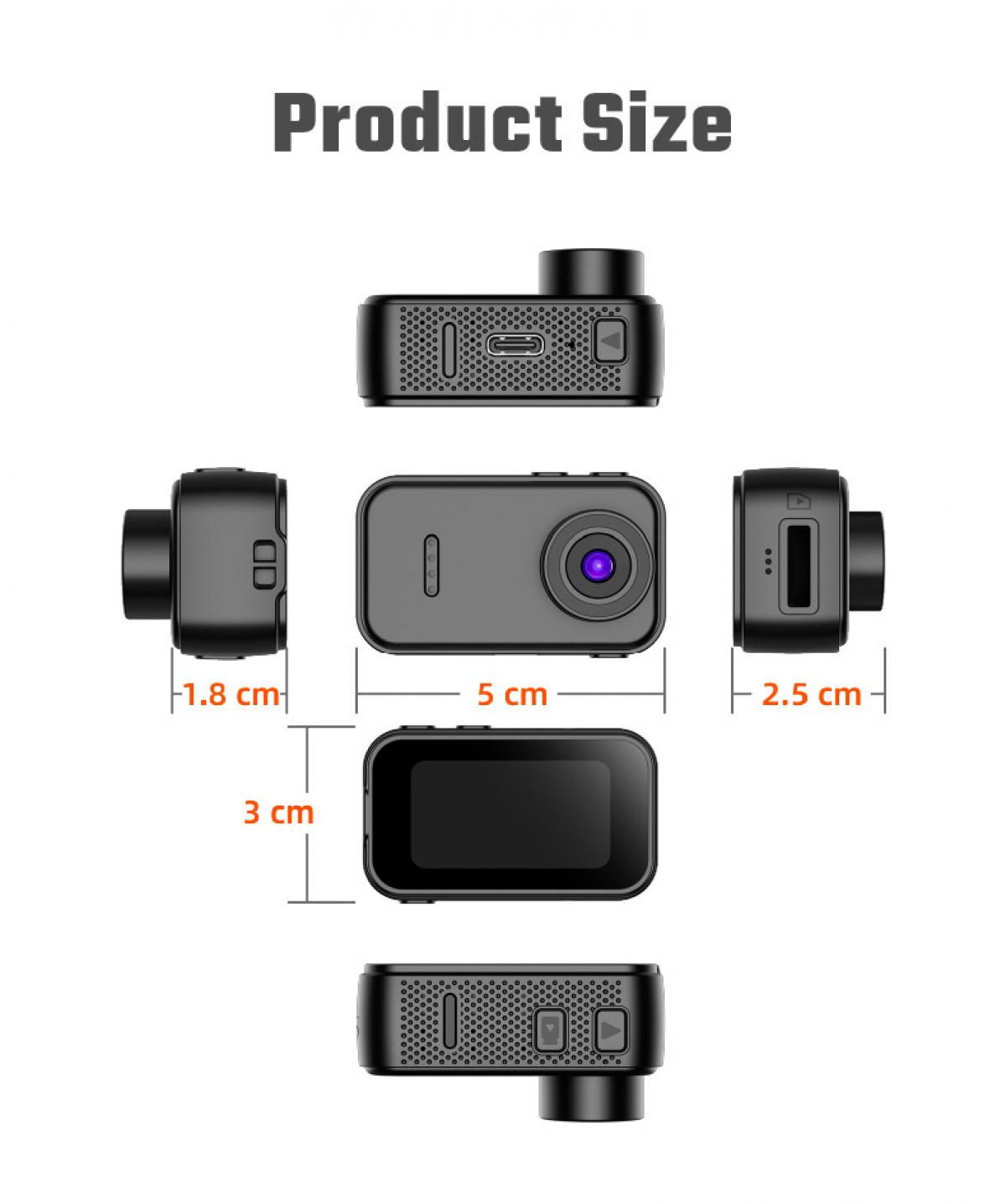Ansicht einer schwarzen Kamera aus verschiedenen Winkeln mit Maßen: 5 cm L, 3 cm H, 2,5 cm T, 1,8 cm T.