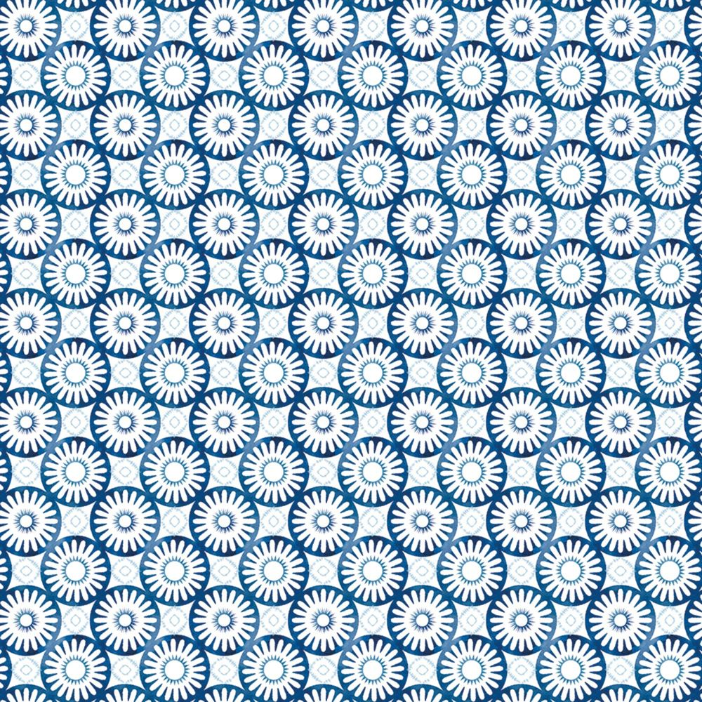 Carreau bleu et blanc avec des motifs circulaires répétitifs.