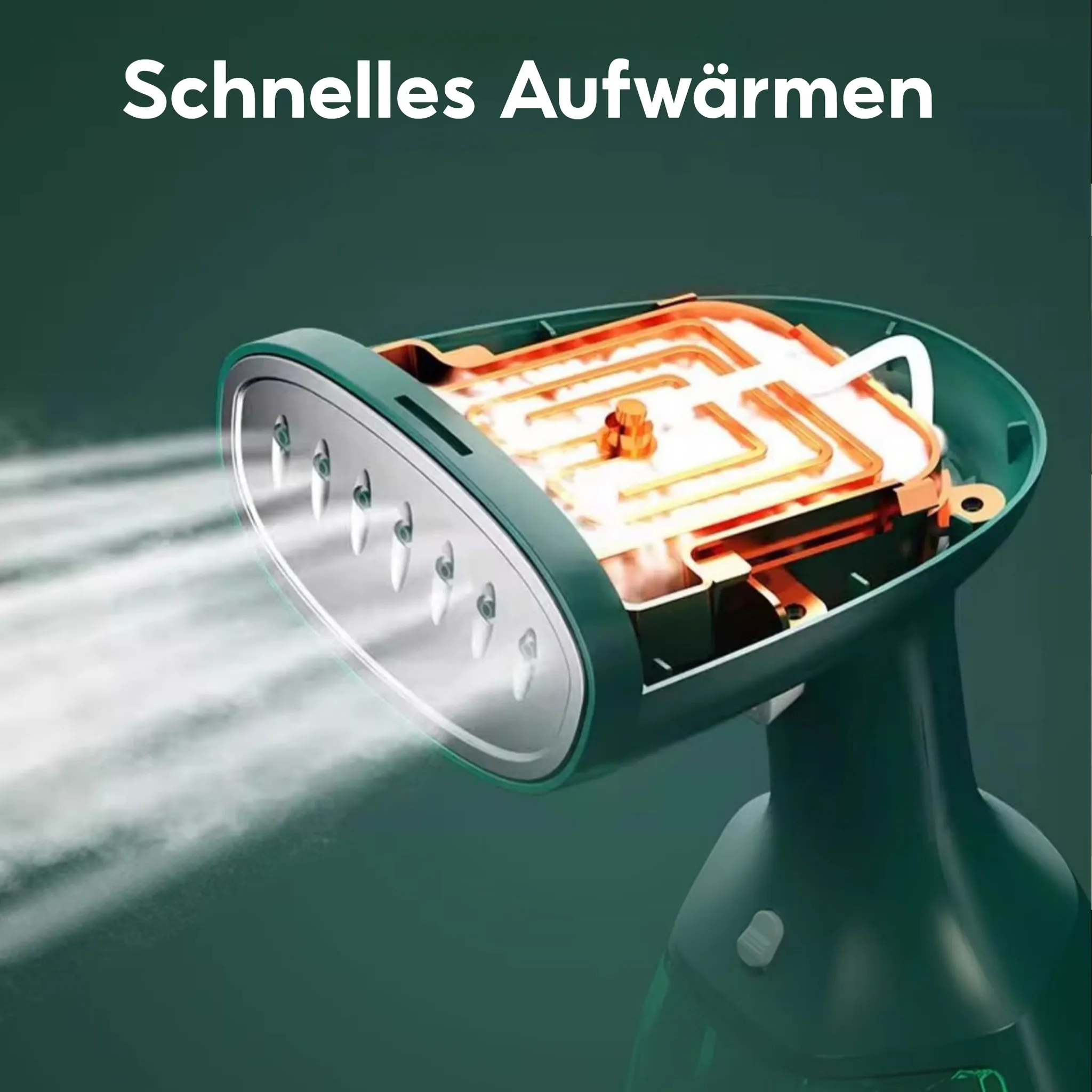 Ein grünes Dampfbügeleisen mit freiliegenden Kupferleitungen und Dampfaustritt.