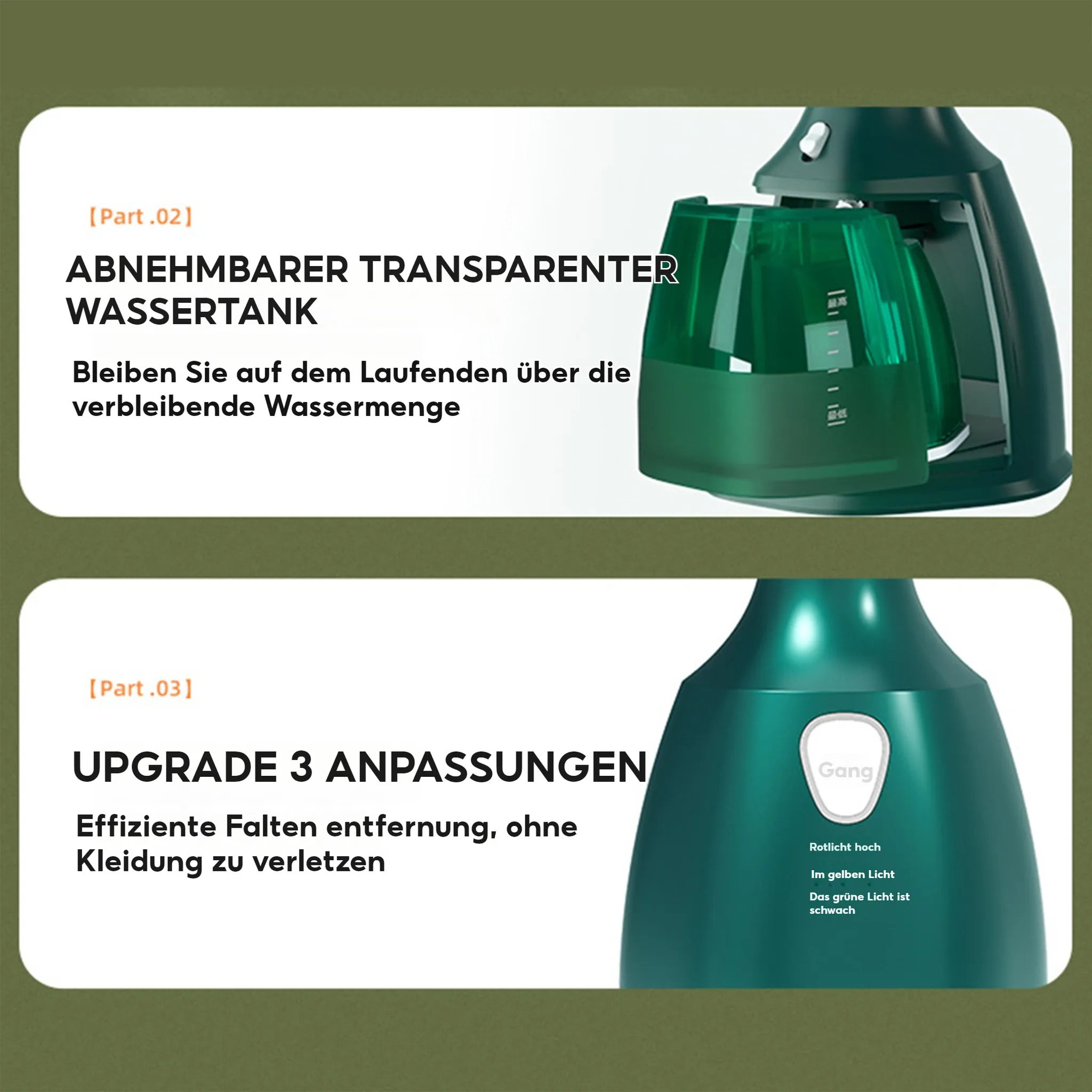 Ein grüner Wassertank wird aus einem Dampfgerät herausgenommen. Unten ein grünes Gerät.
