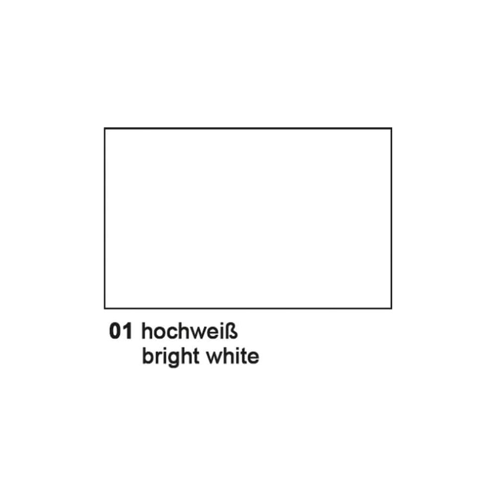 Ein leerer weißer Kasten mit der Beschriftung "01 hochweiß" und "bright white".