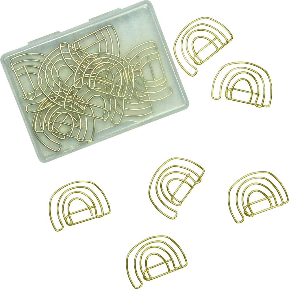 Eine durchsichtige Plastikbox gefüllt mit goldenen regenbogenförmigen Büroklammern. Mehrere Klammern liegen außerhalb der Box.