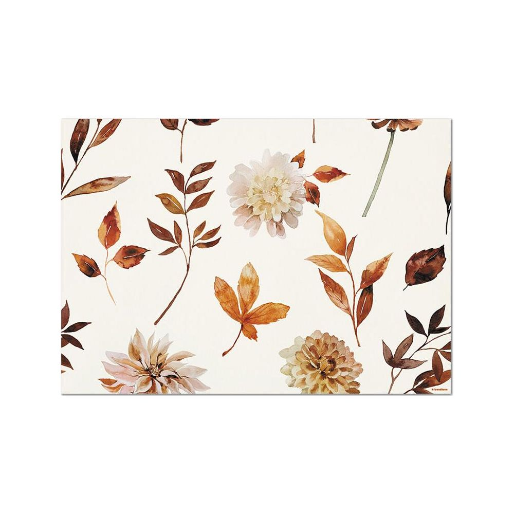 Motif aquarelle avec feuilles d'automne et fleurs dans des tons bruns et beiges.