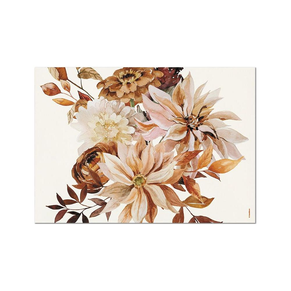 Une peinture aquarelle avec des fleurs dans des tons de brun et de beige, avec des feuilles et des branches.
