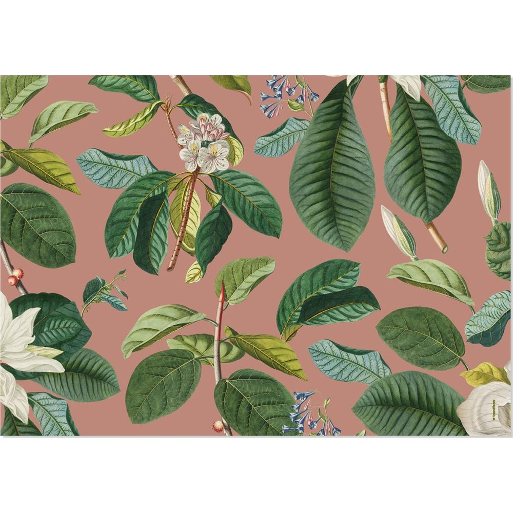 Illustrazione vintage di piante con foglie verdi e fiori rosa su sfondo rosa.