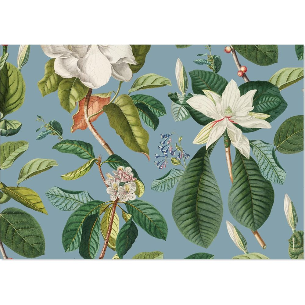 Motivo floreale su sfondo blu con magnolie bianche e foglie verdi.