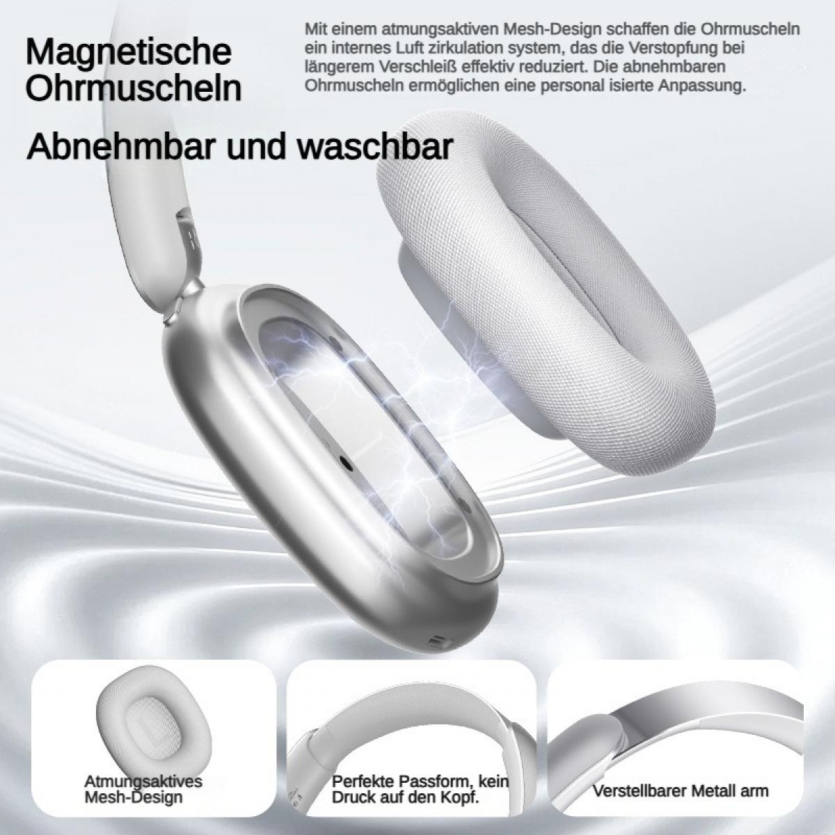 Silberne Kopfhörer mit magnetischen, abnehmbaren Ohrmuscheln und Mesh-Design.